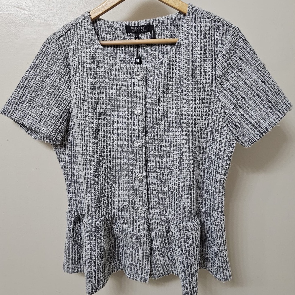 NWT  Badgley Mischka short-sleeve tweed peplum top in Large - Picture 2 of 5